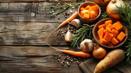 Wall Mural - Fresh organic vegetables on a rustic wooden table, ready for healthy cooking.