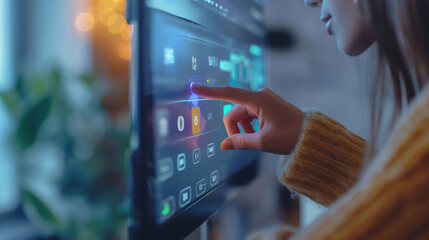 side view of a woman interacting with a futuristic touchscreen interface with glowing icons.
