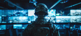 Fototapeta  - A military operator in tactical gear looks at a control room with multiple screens. Command center and strategy concept