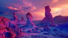 An Otherworldly Desert Landscape With A Neon-colored Sky And Surreal, Floating Rock Formations.