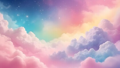 Wall Mural - A pastel rainbow unicorn background including sparkling stars. A hazy, pink fantasy sky. Charming holographic area.  Fairy iridescent gradient backdrop Backgrounds