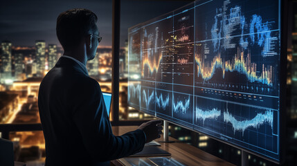 Businessman interacting with futuristic digital interface showing glowing orbs and data connections