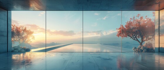 Leinwandbilder - The 3D render shows an abstract futuristic glass structure with an empty concrete floor...