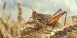 a huge locust sits on a spike of wheat