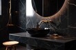 Luxurious Modern Bathroom Interior with Black Marble Countertop Washbasin and Round Mirror Illustration