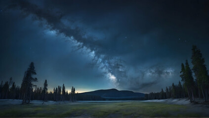 Poster - Forest at night with blue dark night sky with many stars above field of trees. Milky Way cosmos background