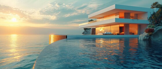 Poster - View of modern building with swimming pool and terrace on sea view background. Concept for family vacation. 3D rendering.