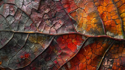Wall Mural - Close-up of colorful autumn leaves with detailed textures and rich hues, symbolizing change and natural beauty.