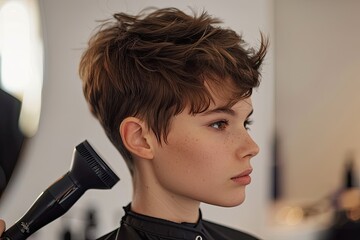 Wall Mural - a person  with a chick pixie haircut using a hairdryer to make his hair smooth and polished, demonstrating the versatility of a short hairstyle.