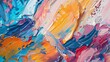 Closeup shot of an abstract oil painting, focusing on the dramatic interplay of colors and the tactile quality of the paint surfaces.