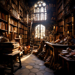 Poster - An old bookshop with shelves full of dusty books.