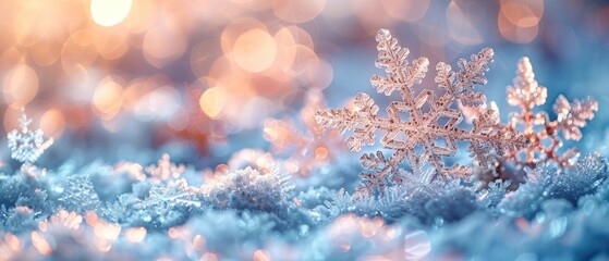 Wall Mural - Featuring Real Snowdrift And Acrylic Crystals in Bokeh With Snowflakes On Snow