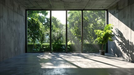 Leinwandbilder - Detailed rendering of an empty concrete room with a large window in a natural setting.