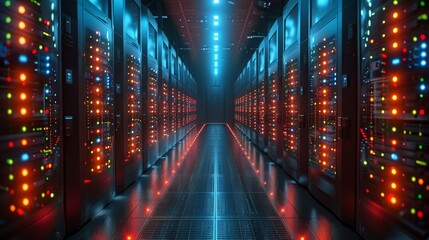 Fototapete - Working data center corridor with rack servers and supercomputers projected with a high level of Internet visualisation.