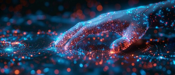 Poster - An interconnected polygon of massive amounts of data glowing on a dark blue background in the digital cyber era. A new invention that is poised to change the world.