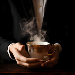 Poster - Elegant hands holding a steaming cup of coffee.