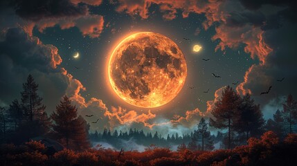 Wall Mural - The Spooky Moon In Cloudy Sky With Bats - A 3D Illustration for Halloween Night