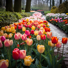 Wall Mural - Rows of colorful tulips in a botanical garden.