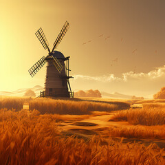 Wall Mural - Rustic windmill in a golden wheat field.