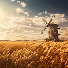 Sticker - Rustic windmill in a golden wheat field.