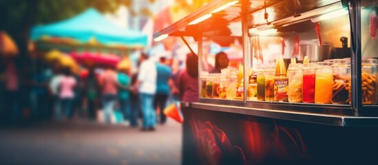 Wall Mural - Street food stand. street festival. blurred background. fast food, food market, travel, mockup. soft focus