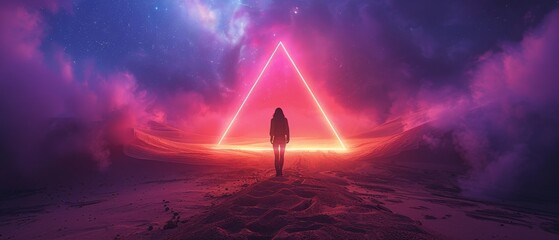 Aufkleber - A modern futuristic neon abstract background with a large triangle glowing purple object at the center of sand dunes and a lonely woman walking through a desert.