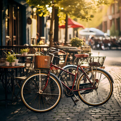 Sticker - Vintage bicycles parked outside a cafe.