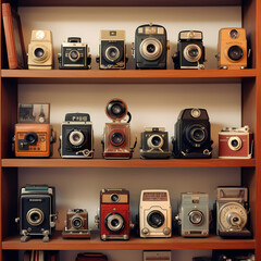 Sticker - Vintage camera collection on a shelf.