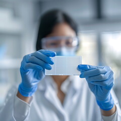 medical scientist in lab coat and blue gloves holding a skin patch with micro-needles