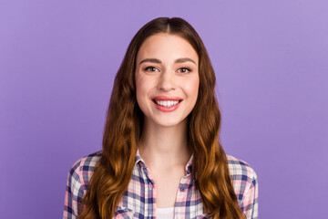 Portrait of lovely nice business lady look in camera toothy smiling isolated on bright color background