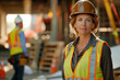 Experienced Female Construction Supervisor. Confident female supervisor with hard hat and reflective vest at a construction site.