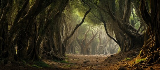 Poster - A pathway winds its way through a dense forest in Tangier, Morocco. Tall trees with lush green foliage surround the narrow trail, creating a canopy overhead. The forest is alive with the sounds of