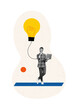 © deagreez - Vertical collage picture of black white colors mini minded guy hold laptop contemplate big light bulb connection isolated on creative background