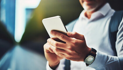 Close up of a man using mobile smart phone