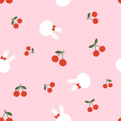 Sticker - Seamless pattern of cherry fruit with green leaf and bunny cartoons on pink background vector illustration.