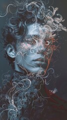 Wall Mural - A man with curly hair and a face covered in swirls