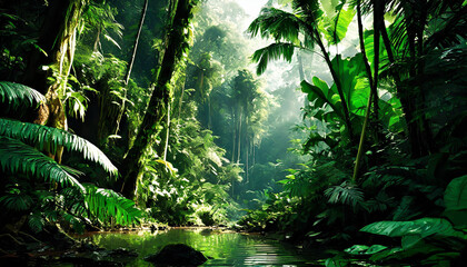 Wall Mural - Deep tropical jungles. Dark rainforest, sun rays through the trees, rich jungle greenery.