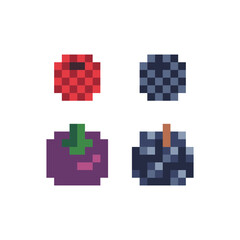 Wall Mural - Berries pixel art icons set, raspberry and blueberry. Design for stickers, logo, web and mobile app. Isolated vector illustration. 8-bit sprite game assets.