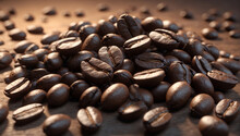 Close-up Image Of Freshly Roasted Coffee Beans Scattered On A Wooden Surface Under Warm Light