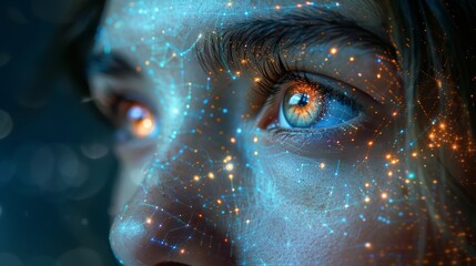 Aufkleber - IoT internet of things, digital marketing, big data, internet technology. Modern woman surfing the internet on a modern computer with a futuristic metaverse tech background, innovative technology