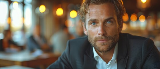 Poster - In an office boardroom, a business professional listens to a discussion among his colleagues.