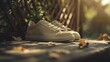 Classically styled sneakers placed thoughtfully in an outdoor setting surrounded by autumn leaves
