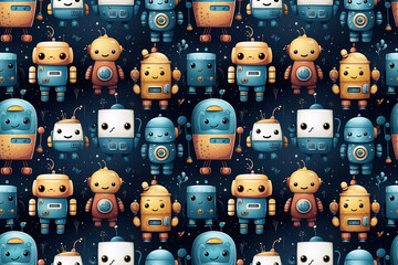 Wall Mural - seamless pattern with cute cartoon characters robots on dark blue background. texture for decoration