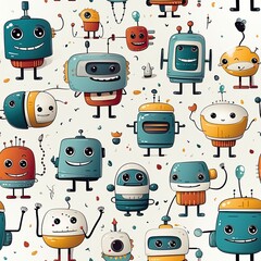 Wall Mural - seamless pattern with cute cartoon characters robots on white background. texture for decoration of 
