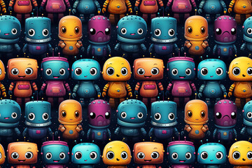 Wall Mural - seamless pattern with cute cartoon characters robots on dark blue background. texture for decoration