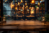 Fototapeta Uliczki - empty wood table top and blur glass window interior restaurant banner mock up abstract background (9)