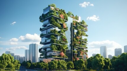 Vertical garden in modern city. Green tree forest on glass building. eco friendly concept