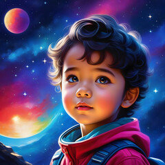 Oil painting.Child in the night.
Beautifully colored sky decorated with twinkling stars.Orange planet in the sky.