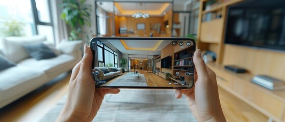 Aufkleber - UI for smart home technology on smartphone app screen with augmented reality (AR) view of connected objects inside apartment, person holding device