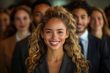 a group of business women and men in an office smiling, in the style of human-canvas integration. Generative AI